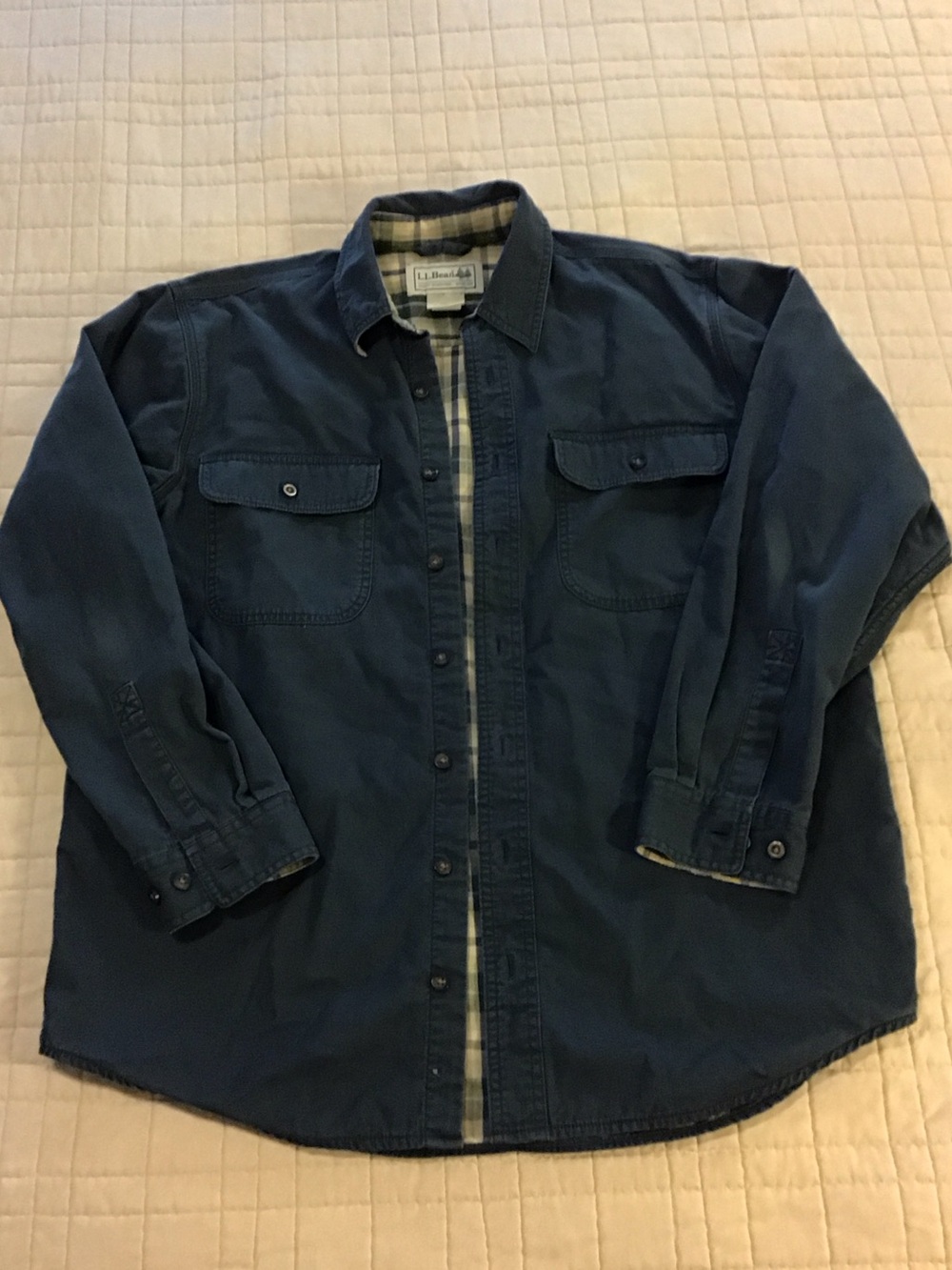 L.L. Bean Navy Button-Up Shirt Jacket with Plaid Lining